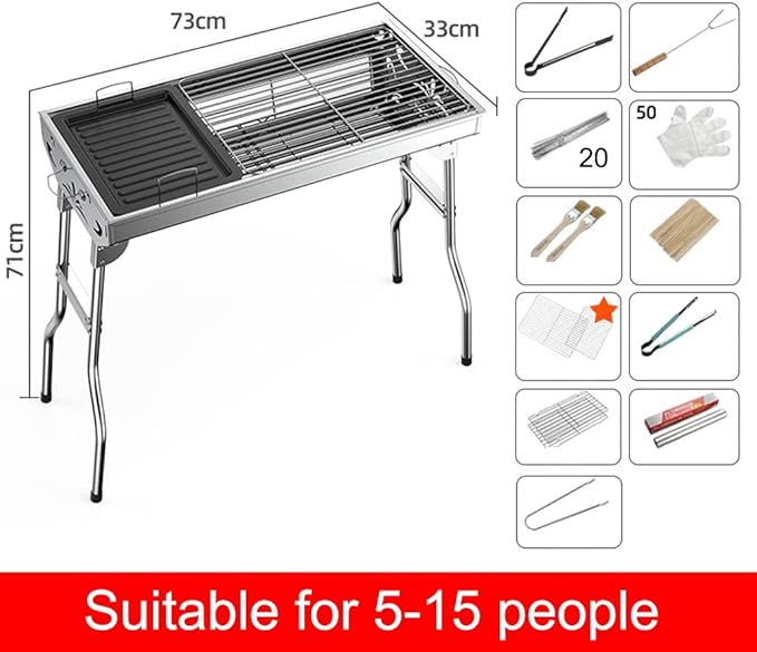 Large Charcoal Grill with Rack, Portable BBQ Grill for Outdoor Picnic, Patio and Backyard Barbecue,Suitable for 5-15 People (Set a 73 * 33 * 71cm)