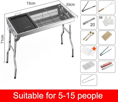 Large Charcoal Grill with Rack, Portable BBQ Grill for Outdoor Picnic, Patio and Backyard Barbecue,Suitable for 5-15 People (Set a 73 * 33 * 71cm)