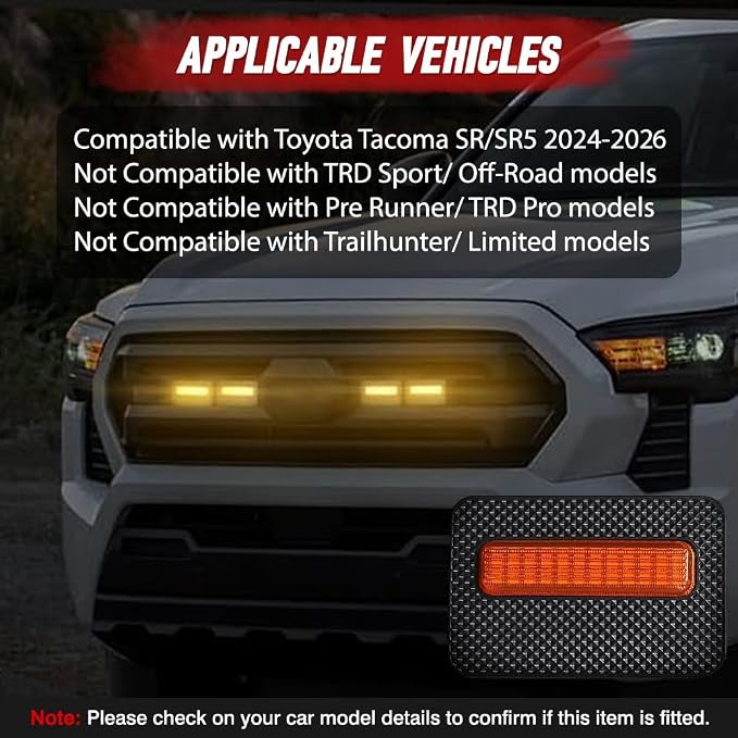 4 LED Grille Lights with Wire Harness and Fuse, LED Front Grill Light, Compatible with Toyota Tacoma SR/SR5 2024-2026, 1 Set (Yellow Cover)