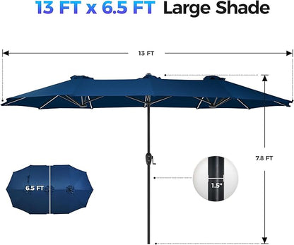 SUPERJARE 13ft Outdoor Patio Umbrella with Solar Lights, Double-sided Deck Pool Umbrella with 1.5 Inch Pole, Fade Resistant Canopy, 12 Sturdy Ribs, for Porch, Market, Backyard, Navy Blue(No Base)