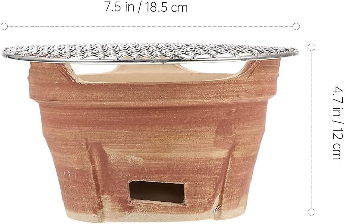 Mini Ceramic Charcoal Barbecue Stove with Grill Net, Portable Korean Style Pottery Bbq Oven for Camping and Household Use, Brown Charcoal Grill Set Color