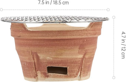 Portable Mini Charcoal Bbq Oven with Pottery Stove and Grill Net, Outdoor Korean Style Barbecue Stove for Camping and Patio Cooking, Brown Vintage Ceramic Grilling Tool Set