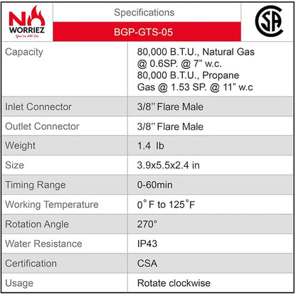 NO WORRIEZ Safety Auto Shut-Off Gas Timer for Propane & Natural Gas | Outdoor Grill, Fire Pit, Pizza Oven | – 100,000 BTU w/ 3/8" Flared Connector & Hose, Patent Pending