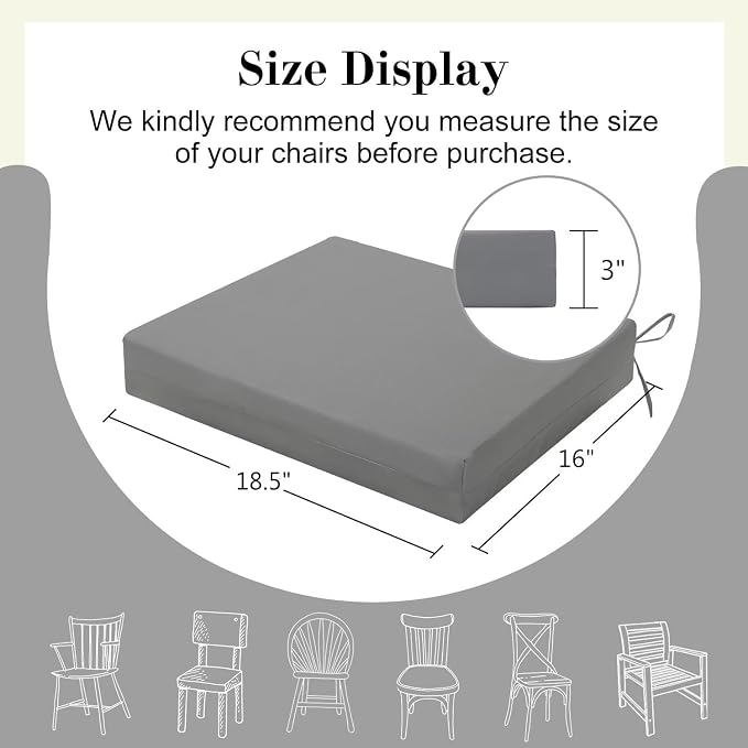 Cozyide Outdoor Chair Cushions, Waterproof Patio Seat Cushions with Adjustable Straps, Square Corner Patio Chair Cushions for Garden, Light Grey, 18.5x16x3 Inch (Pack of 4)