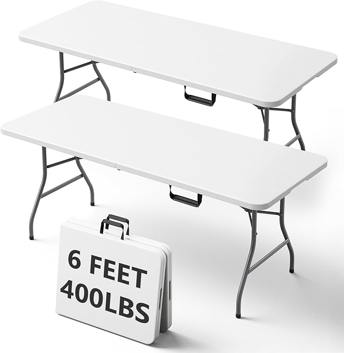 6FT Folding Table, Heavy Duty Plastic Fold-in-Half Utility Table with Handle, Portable Camping Picnic Table with Steel Legs for Indoor Outdoor Party, Dining, White,2 Pack