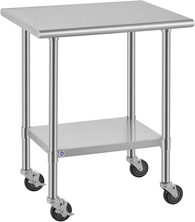 ROCKPOINT All Stainless Steel Prep Table with Caster 24x30 Inch, Commercial Heavy Duty Workbench with Stainless Legs & Adjustable Undershelf, 710 lb Capacity for Outdoor Kitchens with Wheel
