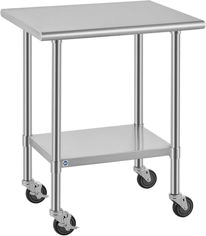 ROCKPOINT All Stainless Steel Prep Table with Caster 24x30 Inch, Commercial Heavy Duty Workbench with Stainless Legs & Adjustable Undershelf, 710 lb Capacity for Outdoor Kitchens with Wheel