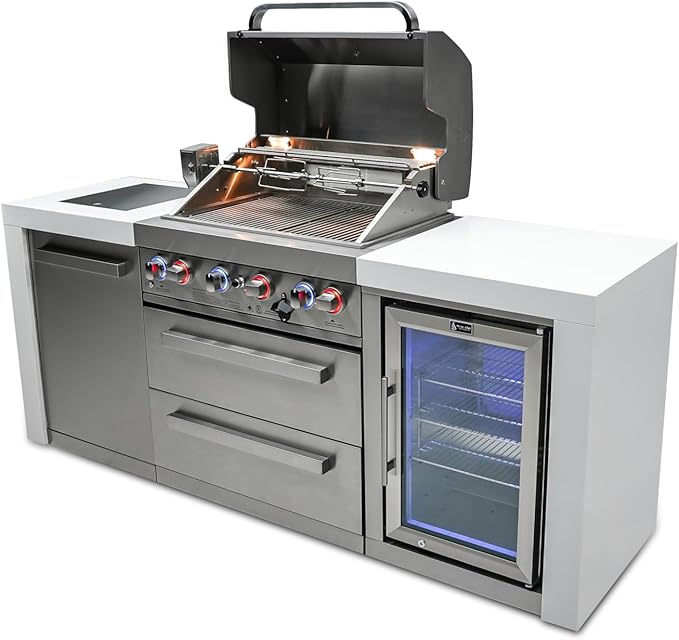 Mont Alpi 82"W x 23"D x 46"H Deluxe Stainless Steel Modular Outdoor Kitchen Island with Refrigerator + 32"W 4-Burner BBQ Gas Grill + Side Burner + Granite Countertops + Storage Cabinets and Drawers