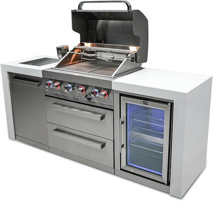 Mont Alpi 82"W x 23"D x 46"H Deluxe Stainless Steel Modular Outdoor Kitchen Island with Refrigerator + 32"W 4-Burner BBQ Gas Grill + Side Burner + Granite Countertops + Storage Cabinets and Drawers