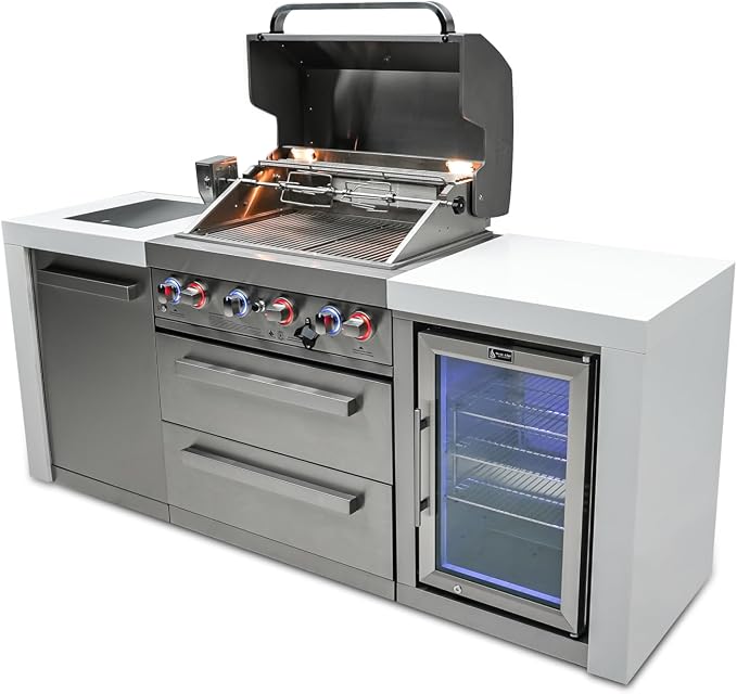 Mont Alpi MAi400-DFC-NG 4-Burner 78000 BTU Deluxe Stainless Steel Modular Outdoor Kitchen Island Grill with MANGK Natural Gas Conversion Kit + Fridge Cabinet, Granite Countertops & 2 Infrared Burners