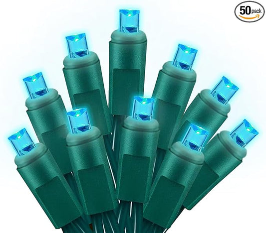 25ft 50 Counts Aqua LED Christmas Lights - Commercial Grade Outdoor Waterproof, Wide Angle Green Wire, Xmas Tree Lights, IP65, UL Listed