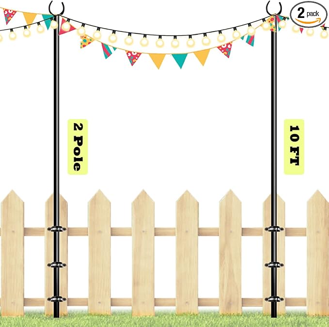10ft String Light Poles for Outdoors, Outside Light Poles for Deck, Fence, Backyard, Patio, Outdoor Lighting, Matte Black, 2 Packs