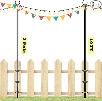 10ft String Light Poles for Outdoors, Outside Light Poles for Deck, Fence, Backyard, Patio, Outdoor Lighting, Matte Black, 2 Packs