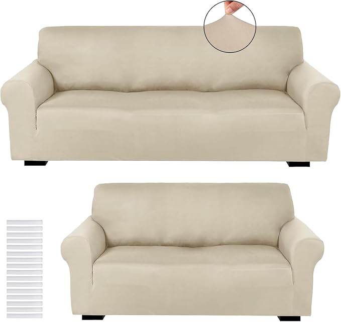 Peryiter 2 Pcs Couch and Loveseat Sofa Covers,Beige,Milk Silk | Armchair Covers for Living Room, Sofa Cushion Slipcover 2/3 Seater, Furniture Protector, Polyester and Spandex, Washable