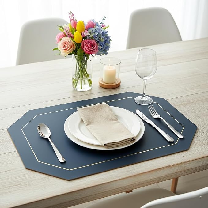 Oil-Proof Faux Leather Placemats Set of 4,Wipeable Table Protective Mats,Heat-Resistant Dining for Kitchen, Indoor Outdoor Use,Blue