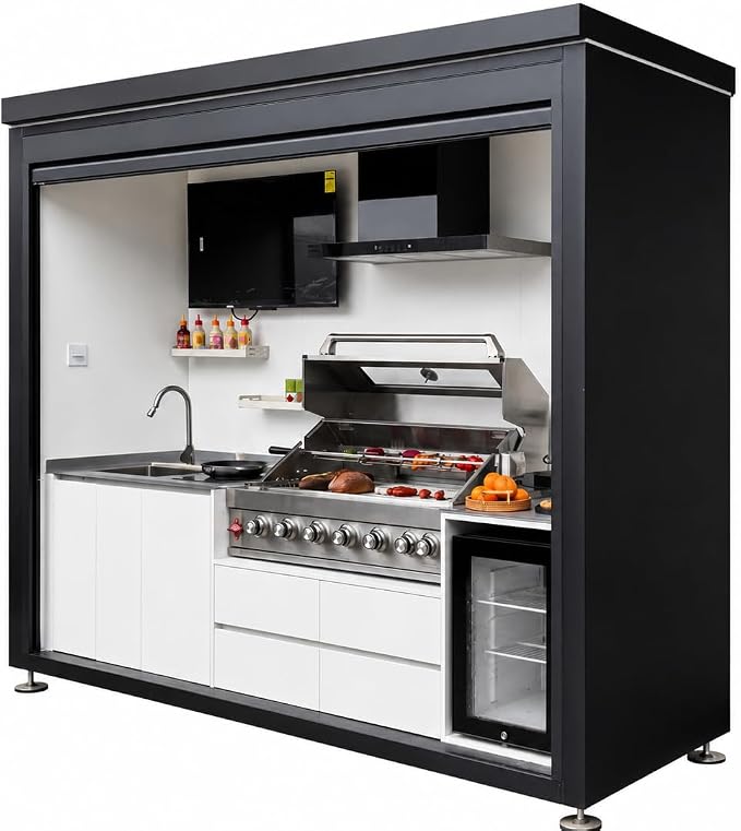 Sunnyjoy Modular Outdoor Kitchen MAX, Premium Aluminum Cabinet System-1 | Max roll-up shade version with grill, sink & storage, durable weather-resistant design, includes roll-up set for protection