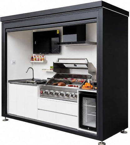 Sunnyjoy Modular Outdoor Kitchen MAX, Premium Aluminum Cabinet System-1 | Max roll-up shade version with grill, sink & storage, durable weather-resistant design, includes roll-up set for protection