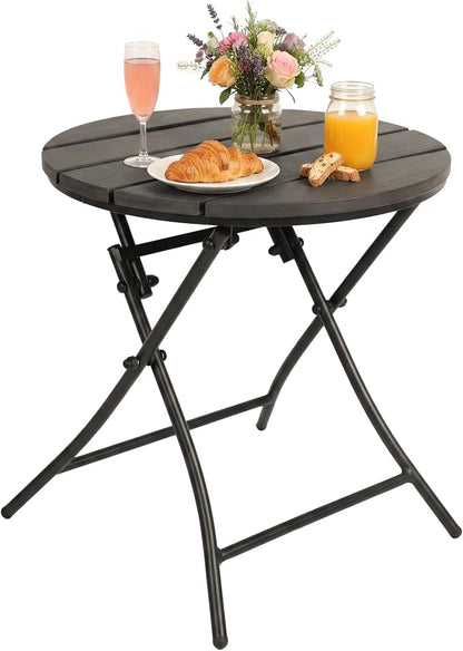 TeoKJ Folding Black Small Outdoor Side Tables, HDPS Patio Table | Metal Round Anti Rust Patio Desk, No Assembly Small Nightstand for Yard, Balcony, Lawn, Pool, Lightweight, Black
