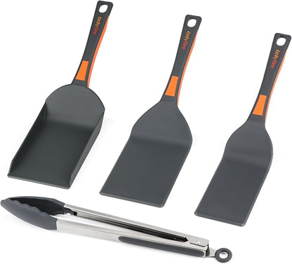 onlyfire 4PCS Non Stick Griddle Kits for Blackstone Grilling Utensil Set Barbecue Accessories Tool for Outdoor Camp Chef and Cooking Including Grill BBQ Spatulas, Griddle Scoop, Barbecue Tong