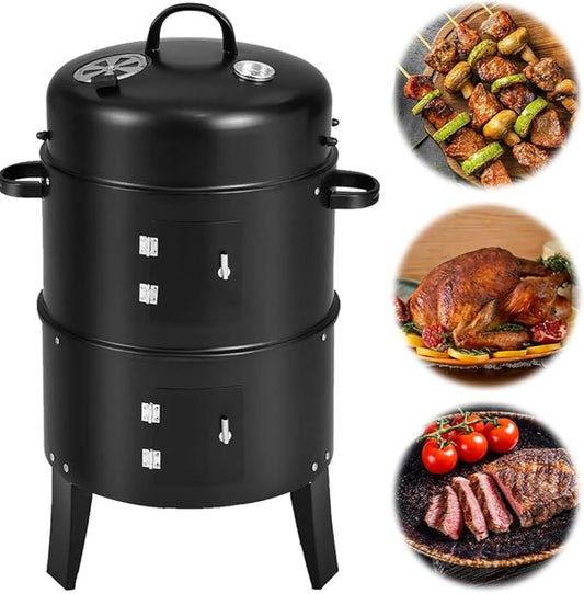 Vertical Charcoal Smoker with Built-in Thermometer BBQ Smoker Grill 2 Access Doors Round BBQ Grill for Parties Camping Outdoor Cooking