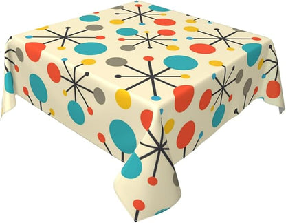 Mid Century Fifties Modern Atomic Retro Colors Tablecloth Washable Waterproof Yellow Table Cover for Kitchen Dining Room Picnic Party BBQ Wedding, Square 60" Table Cloth
