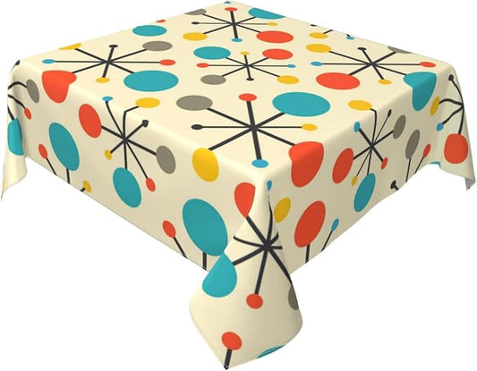 Mid Century Fifties Modern Atomic Retro Colors Tablecloth Washable Waterproof Yellow Table Cover for Kitchen Dining Room Picnic Party BBQ Wedding, Square 60" Table Cloth