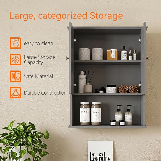 Medicine Cabinet, Over The Toilet Storage Cabinet, 24x30 Inch Wall Mount Bathroom Storage Cabinet with 2 Doors & Adjustable Shelf, Wooden Bathroom Wall Cabinet, Grey
