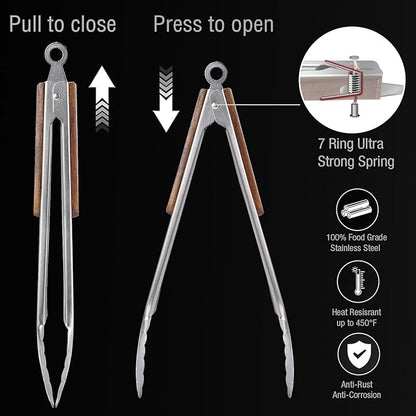 16" & 12" Heavy Duty Stainless Steel Grill Tongs with Locking Mechanism & Heat-Resistant Wooden Handle - 2-Pack BBQ Tongs for Grilling, Barbecue, Kitchen Cooking Accessories