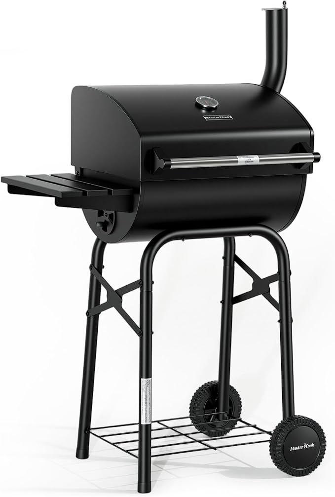 MASTER COOK Barrel Style Charcoal Grill with Side Table, Adjustable Charcoal Tray, Air Vent and Warming Rack, Smoke bbq Grill for Outdoor Patio Backyard and Camping