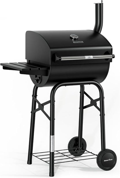 MASTER COOK Barrel Style Charcoal Grill with Side Table, Adjustable Charcoal Tray, Air Vent and Warming Rack, Smoke bbq Grill for Outdoor Patio Backyard and Camping