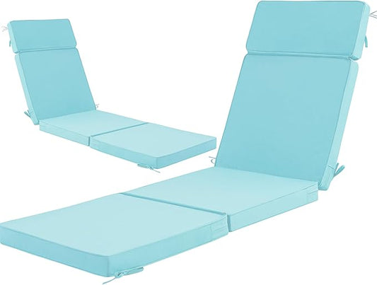 80 x 26 Inch Outdoor Chaise Lounge Cushions Set of 2 - Removable Cover, 4-Section Design, Water-Repellent & Fade-Resistant, 6 Tie Straps, Replacement for Patio & Pool Chairs - Light Blue