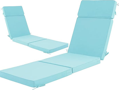 72 x 21 Inch Outdoor Chaise Lounge Cushions Set of 2 - Removable Cover, 4-Section Design, Water-Repellent & Fade-Resistant, 6 Tie Straps, Replacement for Patio & Pool Chairs - Light Blue