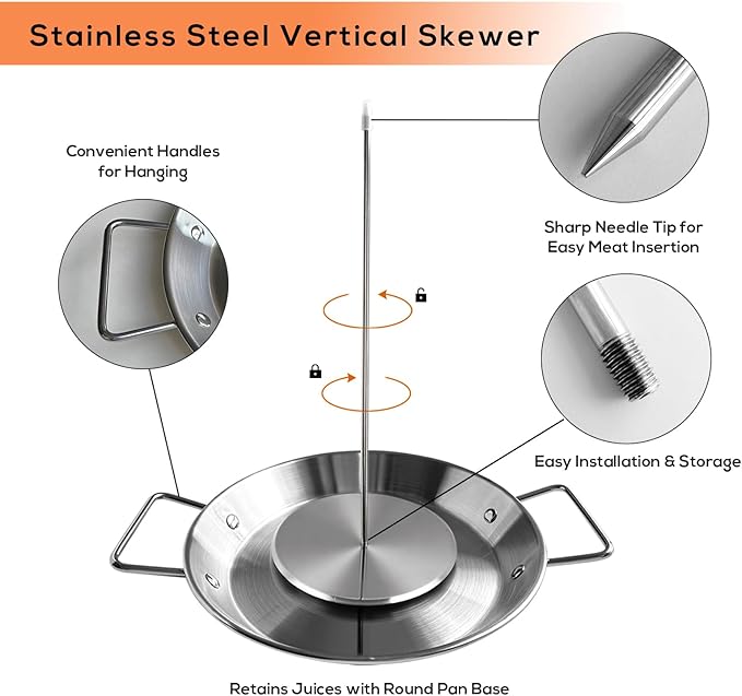 Fengzhe Al Pastor Skewer for Grill, Stainless Steel Vertical Skewer, Brazilian Spit Stand with 3 Spikes,2 Brushes,Ideal for Tacos Al Pastor,Shawarma, Kebabs on Smoker, Oven,with Fat Separator Tray.