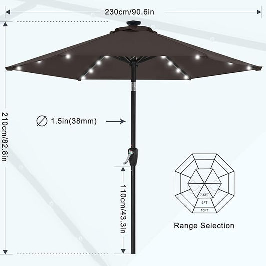 MASTERCANOPY 7.5FT 6Ribs Patio Umbrella with 32 Solar LED Lights, Outdoor Market Umbrella with Tilt & Crank, UV Protection & Fade Resistant Fabric, Easy Set-Up for Garden, Deck, Pool (Brown)
