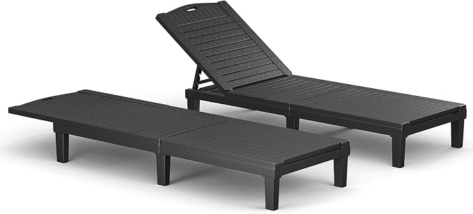 Chaise Lounge Chair Outdoor Set of 2, Black | Waterproof Sun Tanning Chair with 5-Position Adjustable Backrest, Lightweight Lawn Chairs for Pool, Beach, Patio & Garden