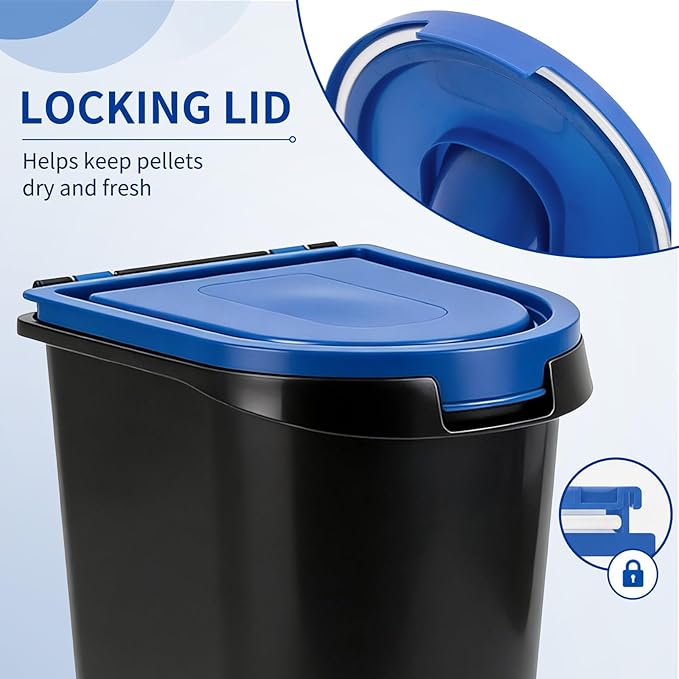 Maxdot 3 Sets 22lb Wood Pellet Storage Containers with Smoker Grill Pellet Label Stickers Spoon Locking Lid Charcoal Container Holds for Men Gift Smoker Charcoal Outdoor Grill Pellets Camping Party