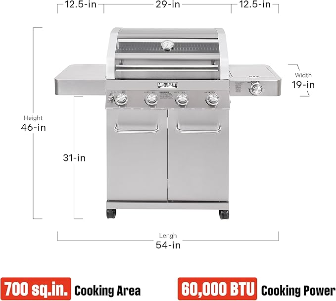 Monument Grills 4+1 Burner Convertible Natural Gas Grill Stainless Steel Propane Grill with a Side Burner, a Built-In Thermometer, Large Cabinet Style Grill
