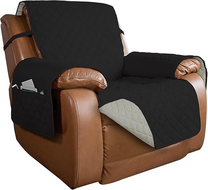 PureFit Reversible Quilted Oversized Recliner Sofa Cover, Water Resistant Furniture Protector, Washable Couch Cover with Elastic Straps for Kids, Dogs, Pets (Large, Black/Beige) | Black/Beige, Water Resistant Couch Protector, Washable Pet Couch Cover w...