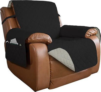 PureFit Reversible Quilted Oversized Recliner Sofa Cover, Water Resistant Furniture Protector, Washable Couch Cover with Elastic Straps for Kids, Dogs, Pets (Large, Black/Beige) | Black/Beige, Water Resistant Couch Protector, Washable Pet Couch Cover w...