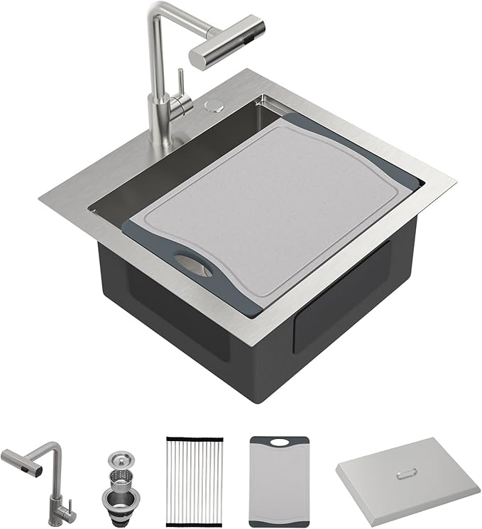 21 Inch Drop In Outdoor Kitchen Sink Bar Prep Sink Workstation 16 Gauge Stainless Steel Single Bowl Small Sinks With Pull-out Faucet 21"x20"x9"
