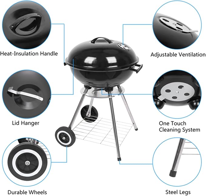 BOYANG 18in Charcoal Barbecue Grill, Heavy Duty Round BBQ Charcoal Grill, Portable Charcoal Kettle Grill for Outdoor Camping and Patio Backyard Cooking