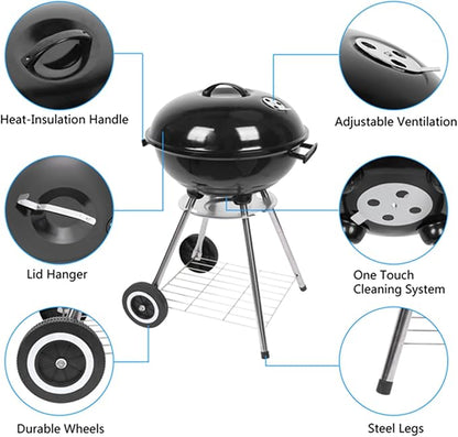 BOYANG 18in Charcoal Barbecue Grill, Heavy Duty Round BBQ Charcoal Grill, Portable Charcoal Kettle Grill for Outdoor Camping and Patio Backyard Cooking