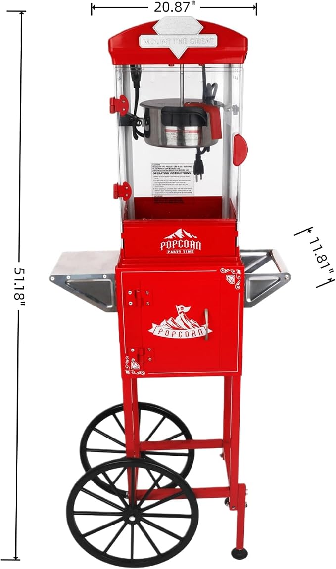 Popcorn Machine with Cart, 10 Oz Kettle, Mobile Popcorn Maker for 64 Cups per Batch, Nostalgia Professional Cart with Simple One-Touch & 3 Spoons, Movie Night Supplies for Home, Black