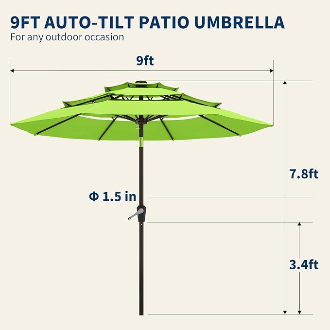9FT 3 Tiers Patio Umbrella With Auto Tilt And Crank, Outdoor Table Market Umbrella with 8 Sturdy Ribs for Garden, Lawn, Deck, Backyard and Pool