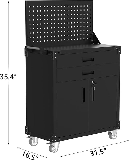 GarveeHome Rolling Tool Cabinet, Heavy Duty Steel Garage Storage Cabinet with 2 Drawers, Pegboard & 4 Wheels, Lockable Tool Cart Workbench for Workshop, Warehouse