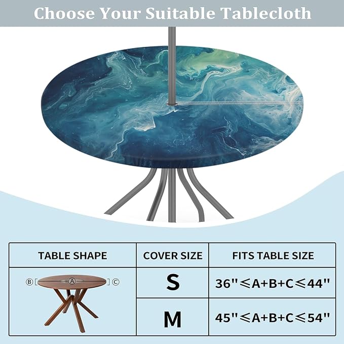 Turquoise Marble Round Fitted Tablecloth with Umbrella Hole and Zipper, 36"-44" Outdoor Elastic Table Cloth Oil-Proof Waterproof Patio Table Cover for Picnic Party Camping