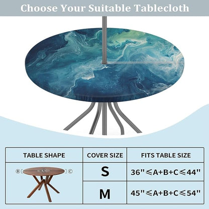 Turquoise Marble Round Fitted Tablecloth with Umbrella Hole and Zipper, 36"-44" Outdoor Elastic Table Cloth Oil-Proof Waterproof Patio Table Cover for Picnic Party Camping