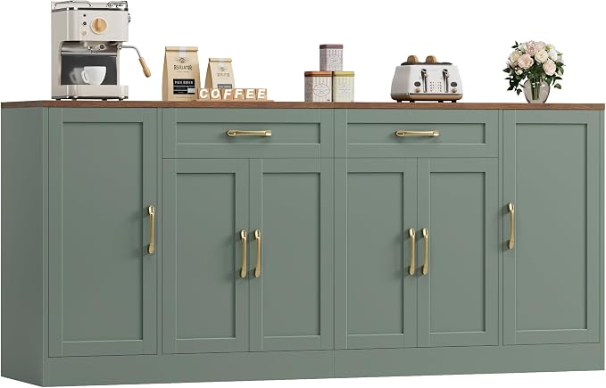 71” Large Buffet Cabinet with Storage, Sideboard Buffet Cabinet with Adjustable Shelves and 6 Soft-Close Doors, Wood Coffee Bar Console Table for Kitchen, Dining Room (Greenreen)