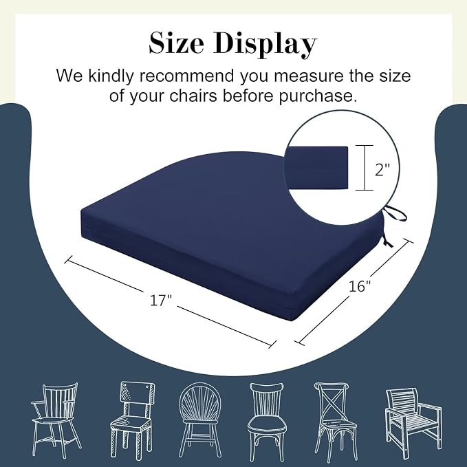 Cozyide Outdoor Chair Cushions, Waterproof Patio Seat Cushions with Adjustable Straps, Round Corner Patio Chair Cushions for Garden, Navy, 17x16x2 Inch (Pack of 4)
