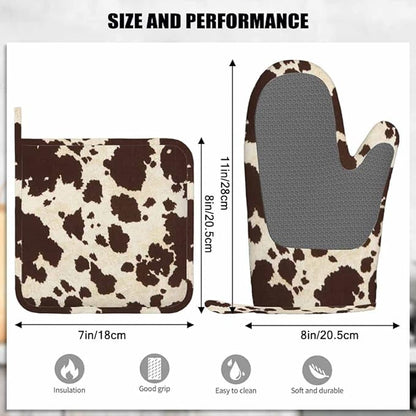 Mxocom Brwon Cowhide Oven Mitts and Pot Holders Sets Cow Skin Vintage Big Cow Bull Fur Animal Silicone Heat Resistant Kitchen Oven Gloves Pot Holder for Cooking